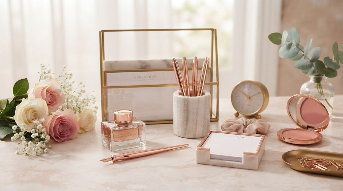 Desk and stationery items with  feminine luxurious vibes.