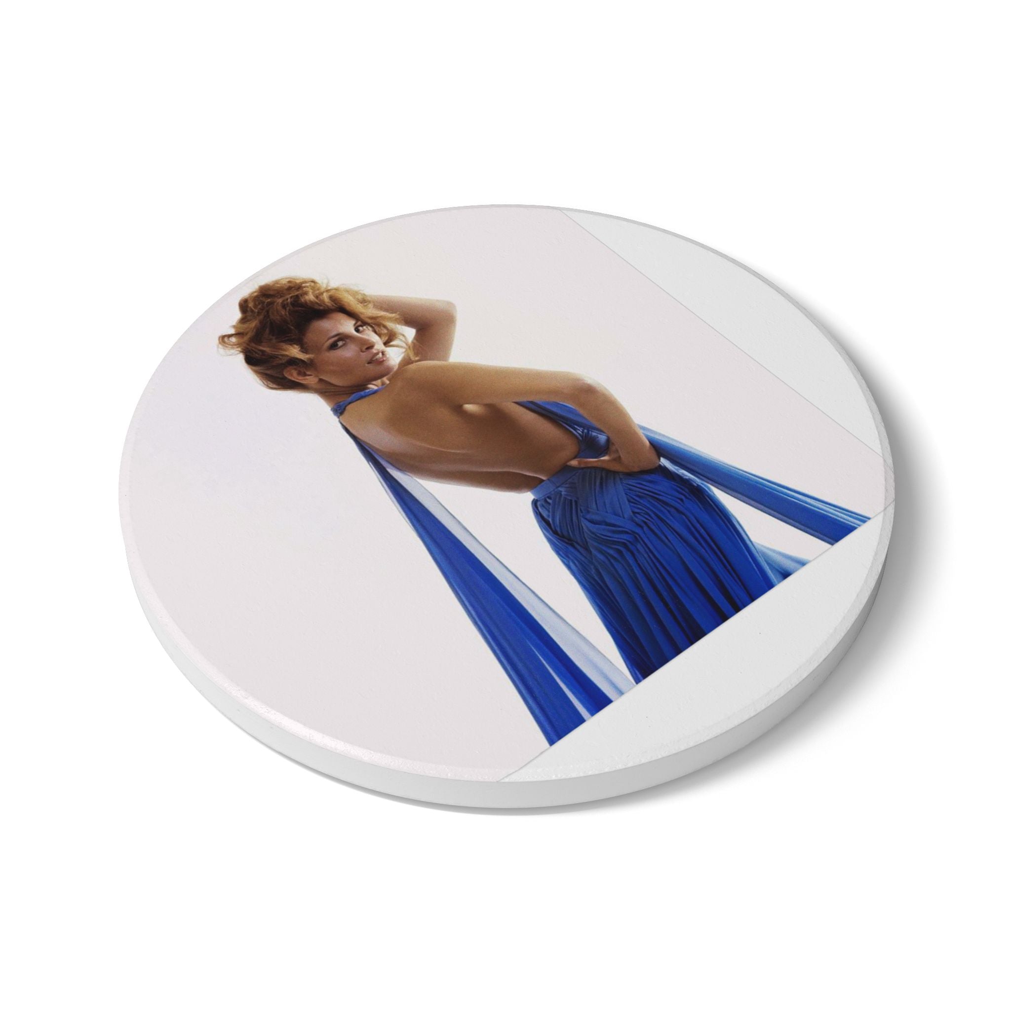 Vintage Glam Ceramic Coaster — Elegant Blue Dress Pinup Art