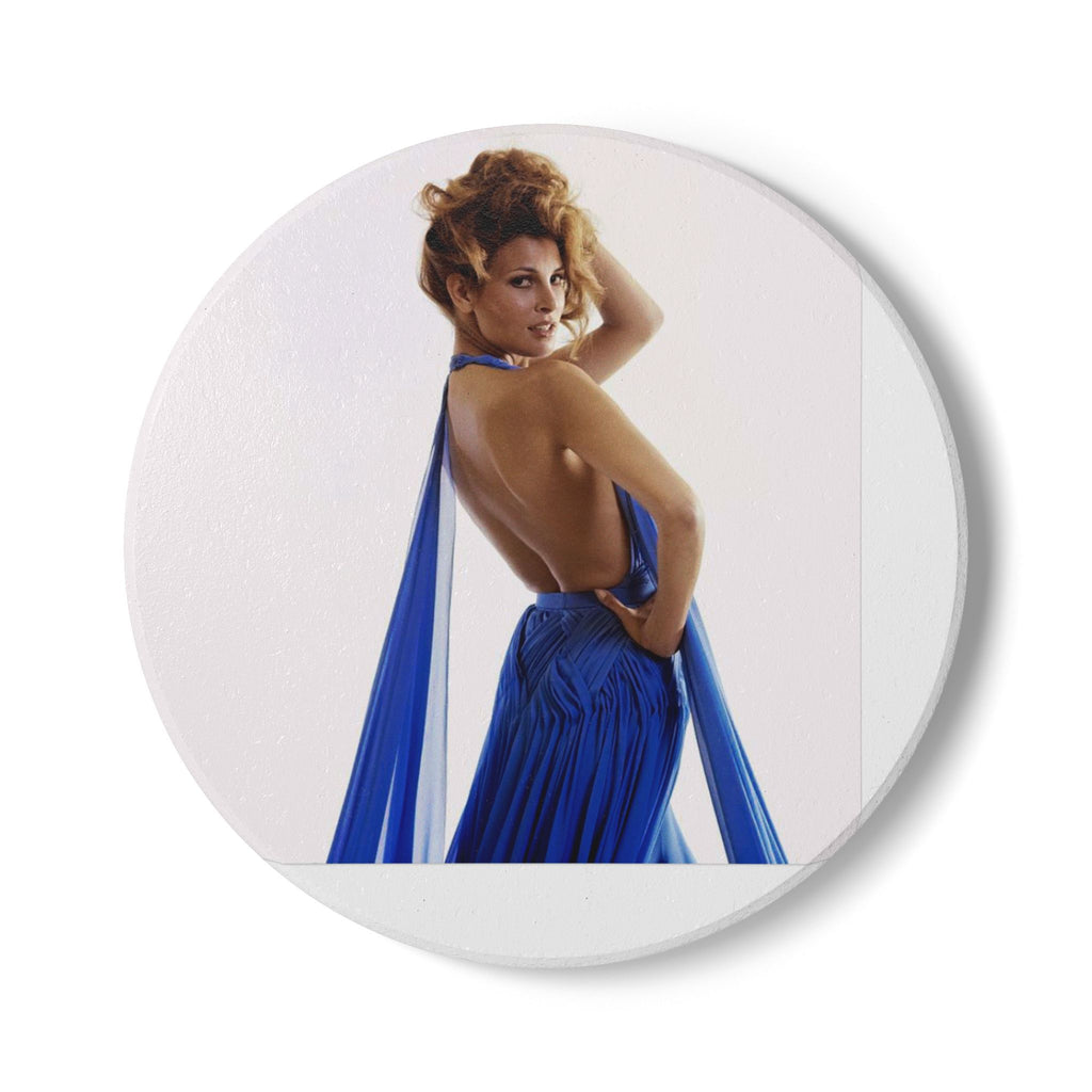 Vintage Glam Ceramic Coaster — Elegant Blue Dress Pinup Art