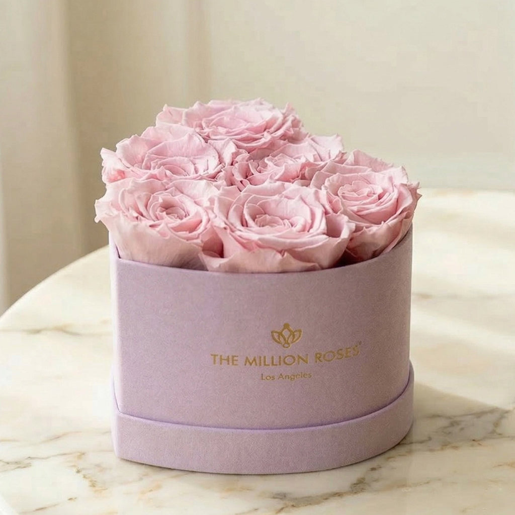 Heart Shaped Box With 6 Light Pink Preserved Roses In Luxury Suede Gift Box