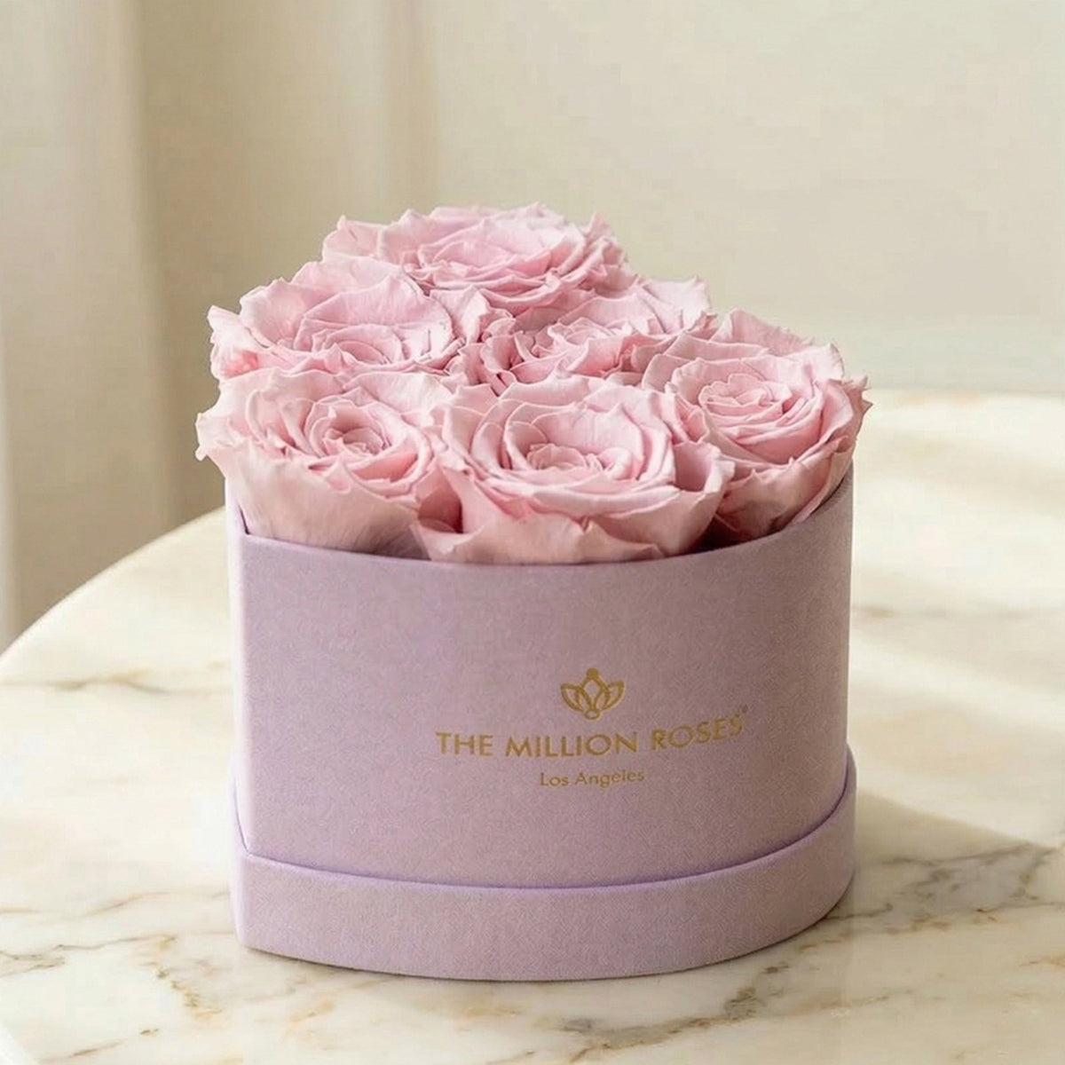 Heart Shaped Box With 6 Light Pink Preserved Roses In Luxury Suede Gift Box