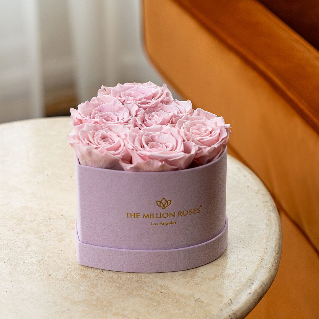 Heart Shaped Box With 6 Light Pink Preserved Roses In Luxury Suede Gift Box