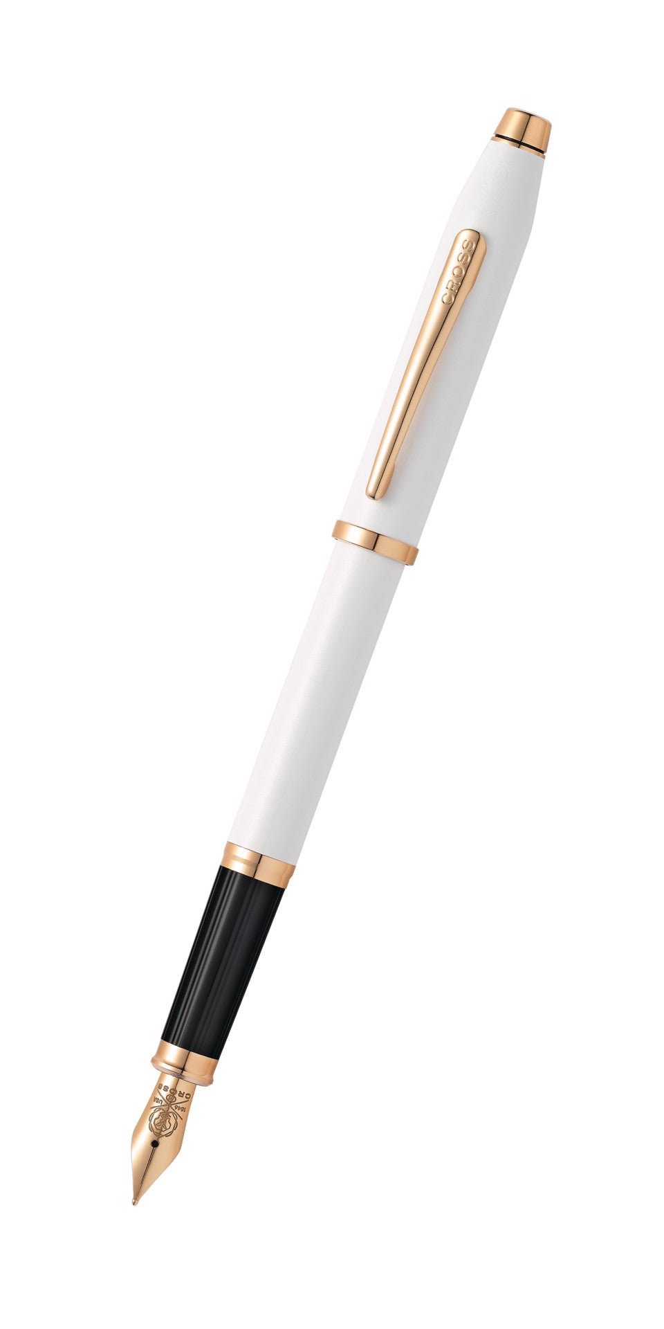 A white fountain pen with a gold clip, gold trim, and a black grip section near the nib, shown diagonally on a plain white background.