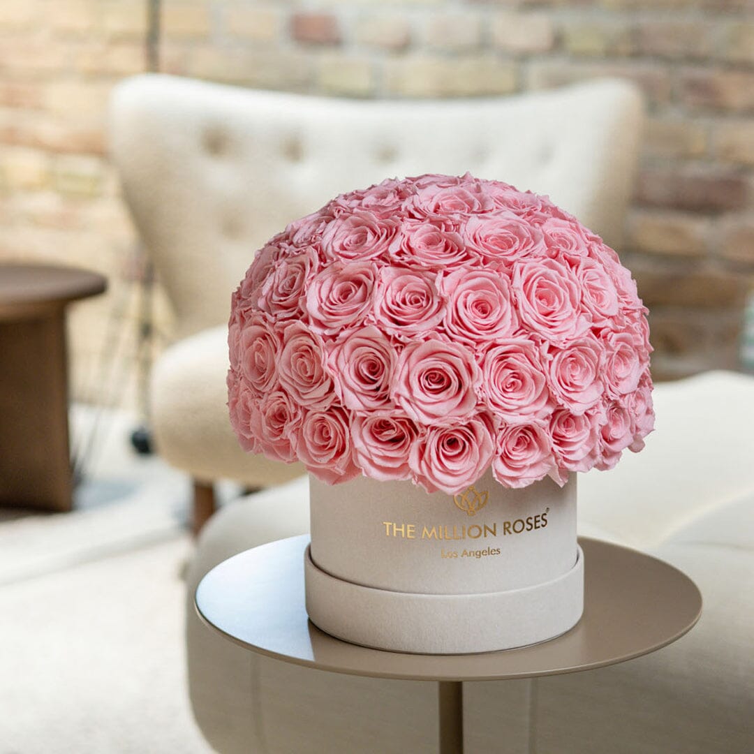 Classic Beige Suede Superdome Box | Light Pink Preserved “Forever” Roses- Sweetheart Gift for Her