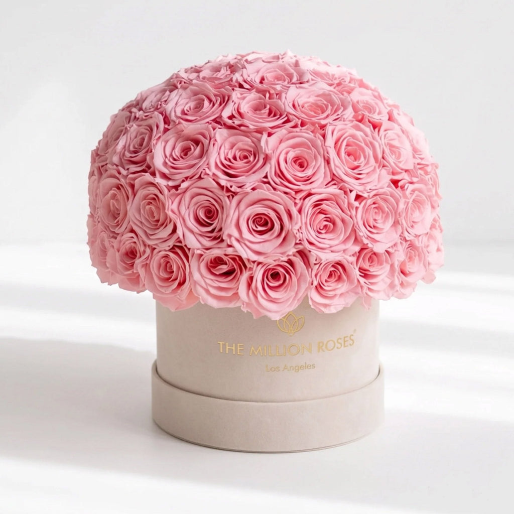 Pink roses in a round box with 'The Million Roses' branding on a light background