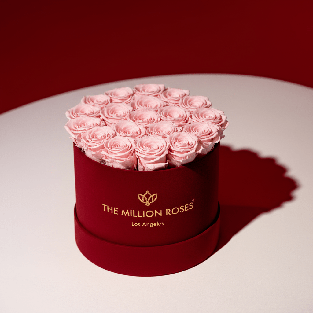Eternal Blooms Classic Light Pink “Forever” Preserved Roses In Bordeaux Suede Gift Box