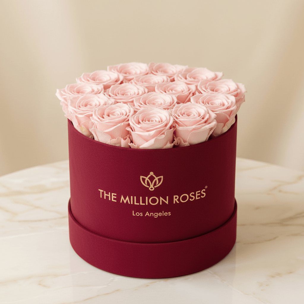 Eternal Blooms Classic Light Pink “Forever” Preserved Roses In Bordeaux Suede Gift Box
