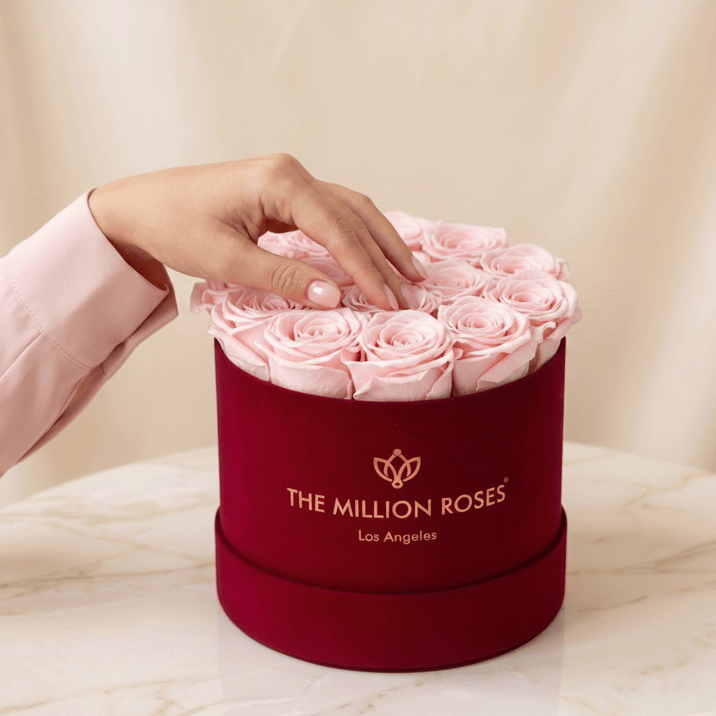 Eternal Blooms Classic Light Pink “Forever” Preserved Roses In Bordeaux Suede Gift Box