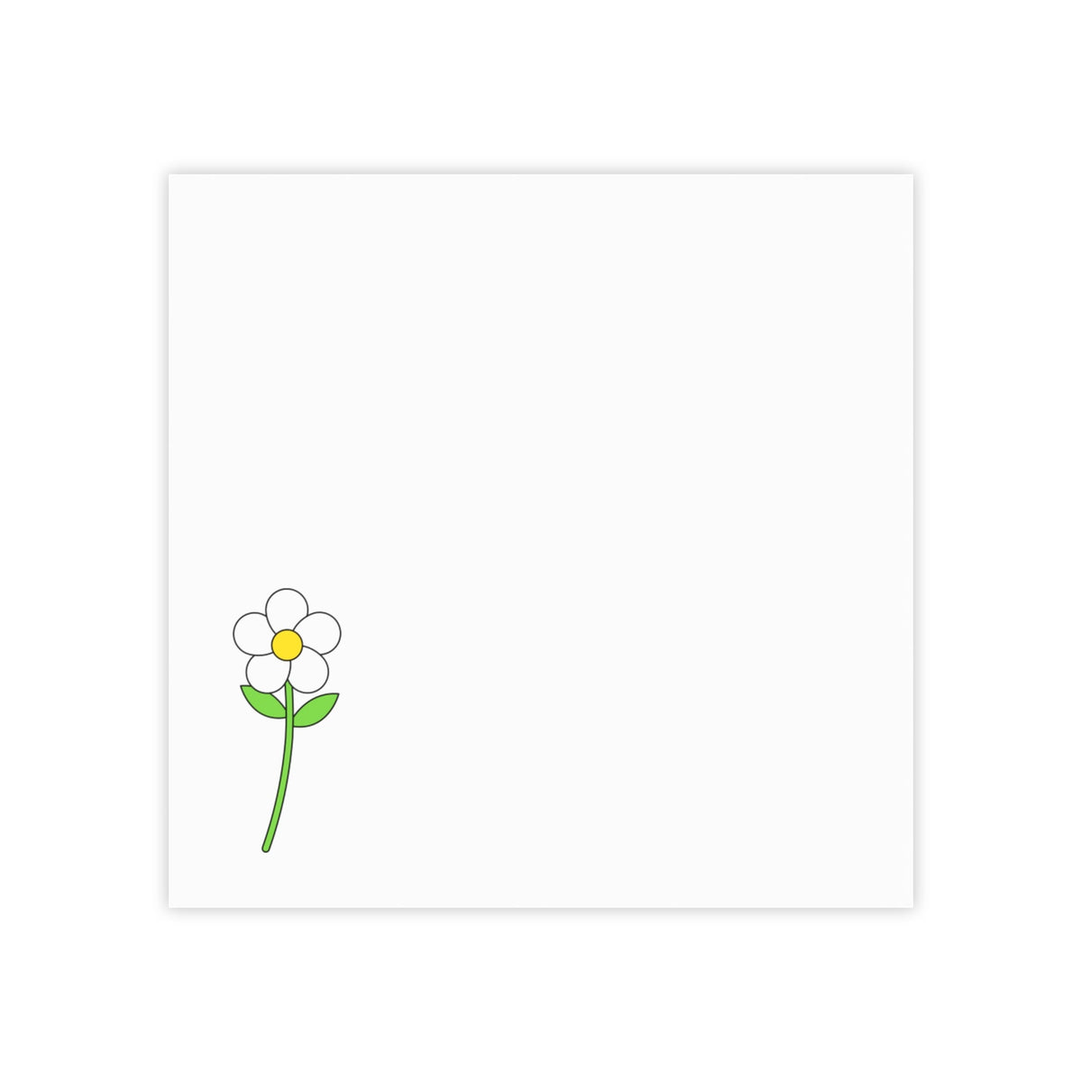 A square white card or notepad with a small simple flower illustration in the lower-left corner, featuring a white petal, yellow center, and green stem and leaves on a plain white background.