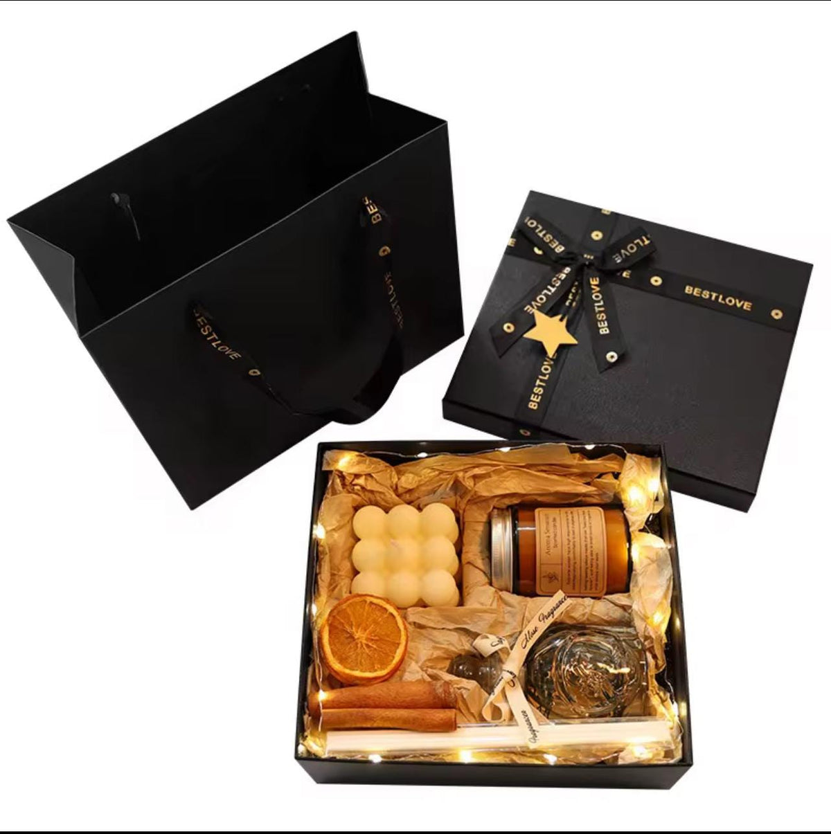 Aromatherapy Soy Wax Candle & Reed Diffuser Gift Set | Black Box Luxury Gift for Her