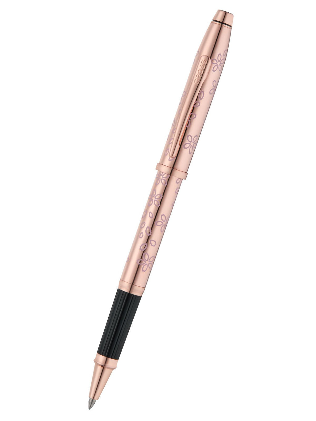 A rose gold ballpoint pen with engraved floral patterns and a black ribbed grip section, shown diagonally on a plain white background.
